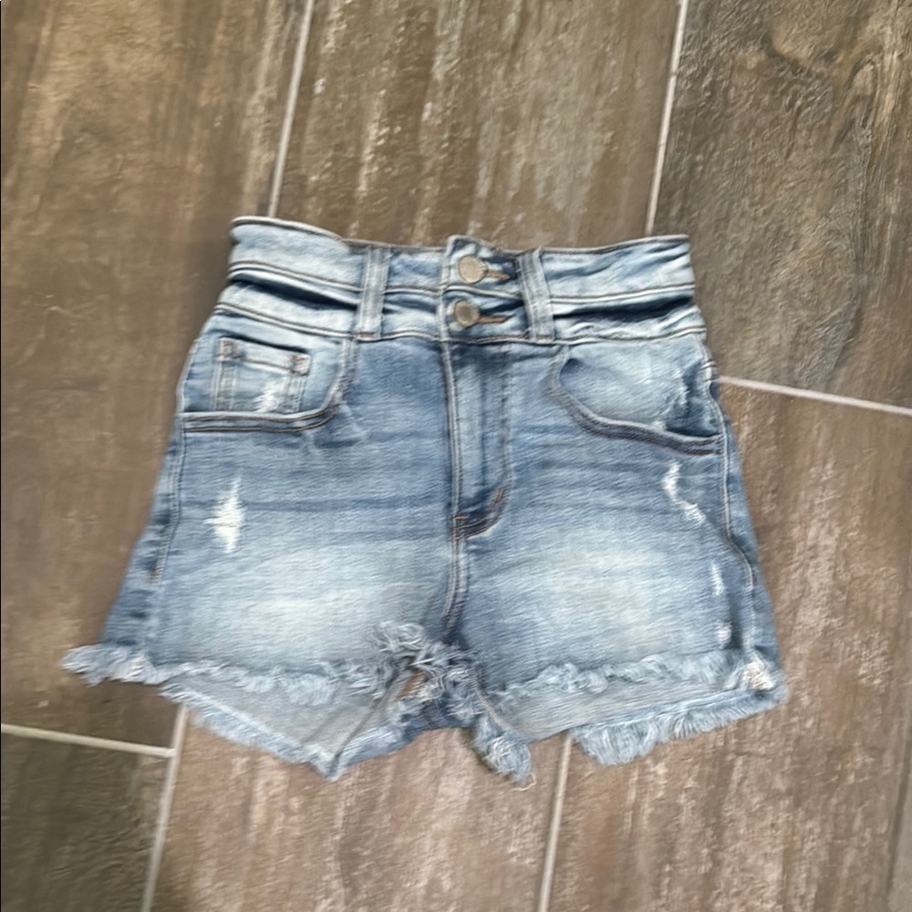 KanCan Light Blue Kurvy Ultra high waisted Distressed Jean Shorts